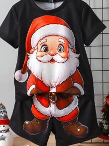Young Boy Santa Claus Print Short Sleeve T-Shirt And Shorts Set, Adding A Festive Joyful Mood To The Summer Outfit, For Christmas