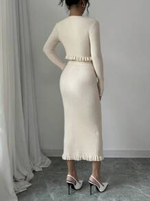 RosyDaze 2pcs/Set Casual Solid Color Cardigan And Knitted Skirt Set, For Spring & Fall - Apricot - View 2