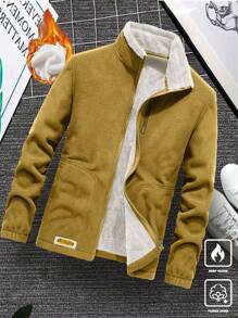 Manfinity Homme 1pc Men Loose Fit Letter Patched Teddy Lined Fleece Jacket - Mustard Yellow - View 7