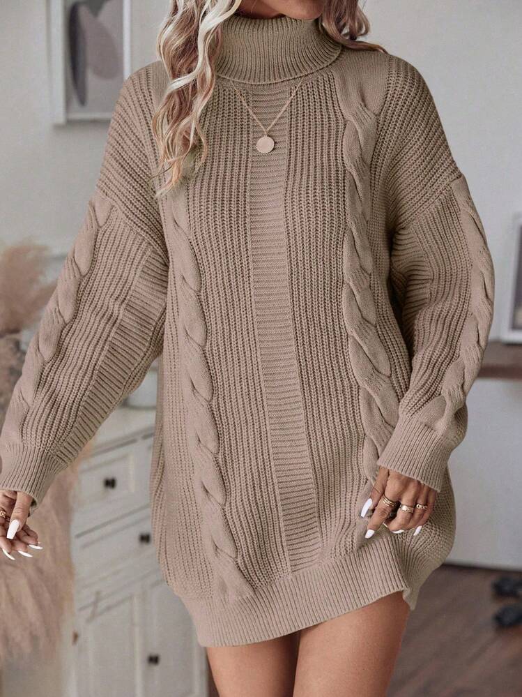 EMERY ROSE Váy len cổ lọ trễ vai màu trơn thường ngày cho nữ, mùa thu và đông - Màu nâu  Mocha - Xem 6