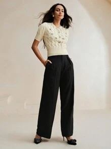 Anewsta Women's Rhinestone Detail Wide Hem Cable Knit Top - Beige - View 6