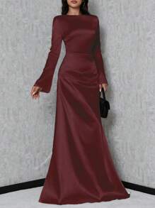 SHEIN Tall Women's Trumpet Sleeve Mermaid Dress - Burgundy - View 4