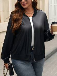 秋季大码纯色棒球领夹克 - 黑色 - 查看 3
