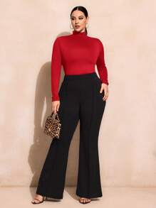 SHEIN SXY Plus Size Solid Color Slim Fit High-Necked Long Sleeve All-Match T-Shirt Basic Tees - Red - View 5