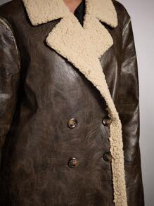 SHEIN BAE Áo khoác dài nữ dáng rộng cổ ve lật hai hàng cúc, lót bông mềm mại, thích hợp cho mùa thu đông, lễ Tạ ơn và các dịp công sở. - màu nâu - Xem 6