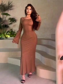 INAWLY Women's Solid Color Open Back Long Sleeve Maxi Knit Sweater Dress, Autumn Winter Fall Cloth For Women - Brown - View 3