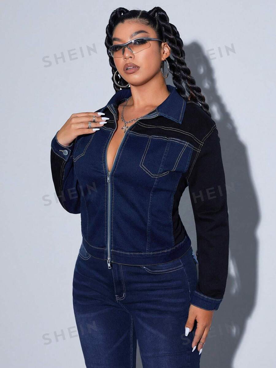 Blusa vaquera casual de manga larga con contraste de azul marino y negro para mujer de talla grande