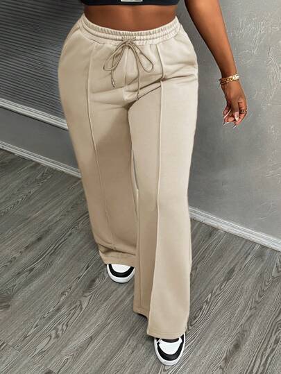 Slaydiva Pantalones de mujer casuales de otoño con cintura con cordón, plisados y acampanados, pantalones deportivos de chándal