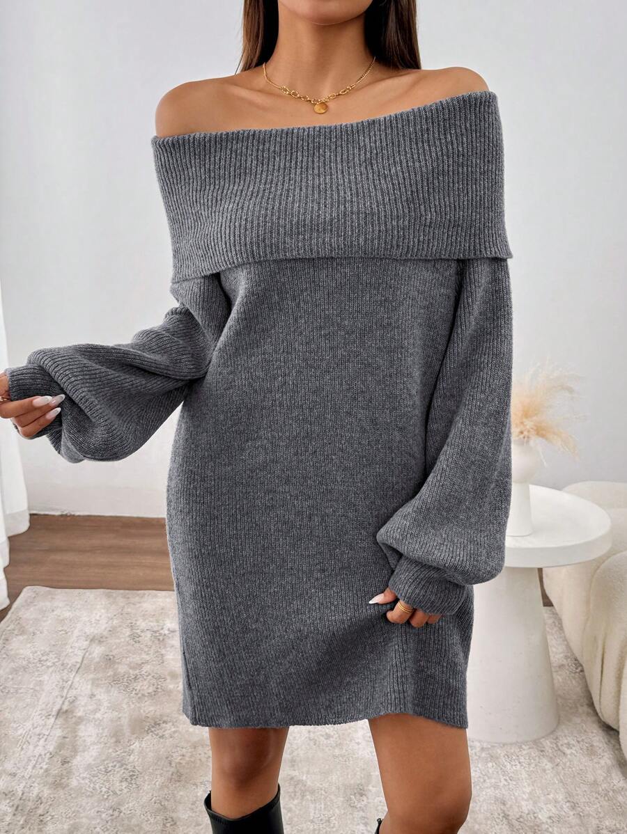 SHEIN Clasi Women's Gray Off-Shoulder Lantern Sleeve Sweater Dress - Grey - View 1