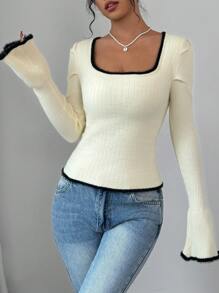 RosyDaze Casual Colorblock Bell Sleeve Sweater, Autumn/Spring