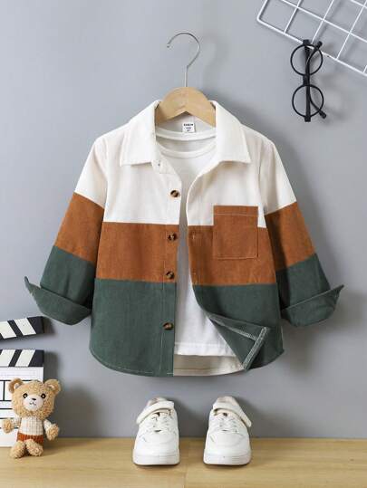 SHEIN Genkimix Kids Young Boy Casual Color Block Pocket Button Front Jacket, Autumn