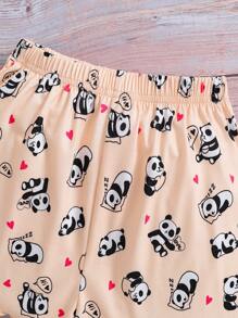 SHEIN Bộ đồ ngủ thường ngày hai mảnh in họa tiết hoạt hình dành cho bé gái tuổi mới lớn và quần short rộng - Màu be - Xem 3