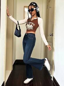 Teens Girls Y2K Dark Punk Skull Embroidered Rhinestone Stretch Flare Denim Shorts - Dark Wash - View 2