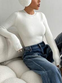 SHEIN Unity 修身女式纯色长袖羊毛衫，百搭秋冬季 - 白色 - 查看 3