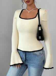 RosyDaze Casual Colorblock Bell Sleeve Sweater, Autumn/Spring