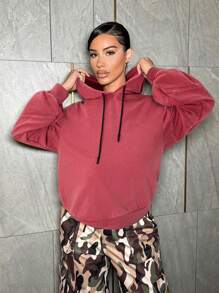 SHEIN SXY 落肩抽绳连帽衫，适合派对、性感生日、情人节、单身派对等场合，春季款。 - 酒紅色 - 查看 1