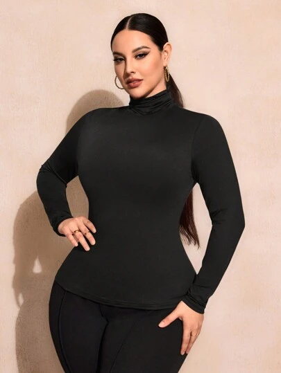 SHEIN SXY 大码纯色修身高领长袖百搭T恤基本款T恤