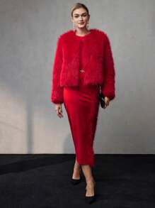 MOTF PREMIUM 蓬松纯色前开襟大衣 - 紅色 - 查看 4