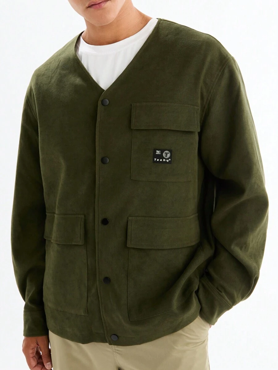 Manfinity VCAY 男士时尚休闲绿色修身长袖梭织夹克，秋冬装 - 軍綠色 - 查看 1