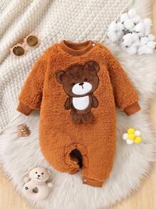 男婴可爱卡通 3D 熊刺绣棕色毛绒连体衣 - 棕色 - 查看 1
