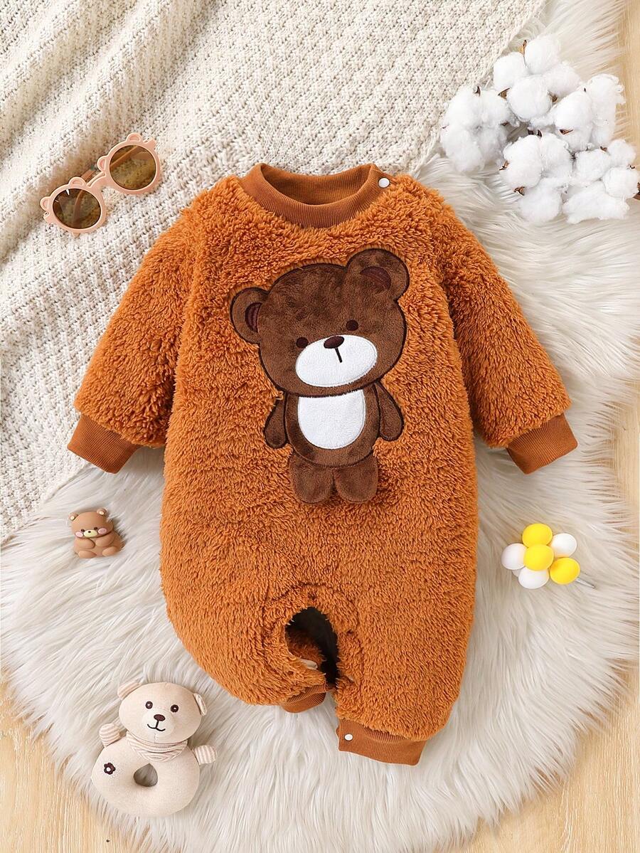 男婴可爱卡通 3D 熊刺绣棕色毛绒连体衣 - 棕色 - 查看 1