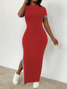 SHEIN LUNE Women Color Block Striped Decorated Round Neck Slit Dress - Red - View 3