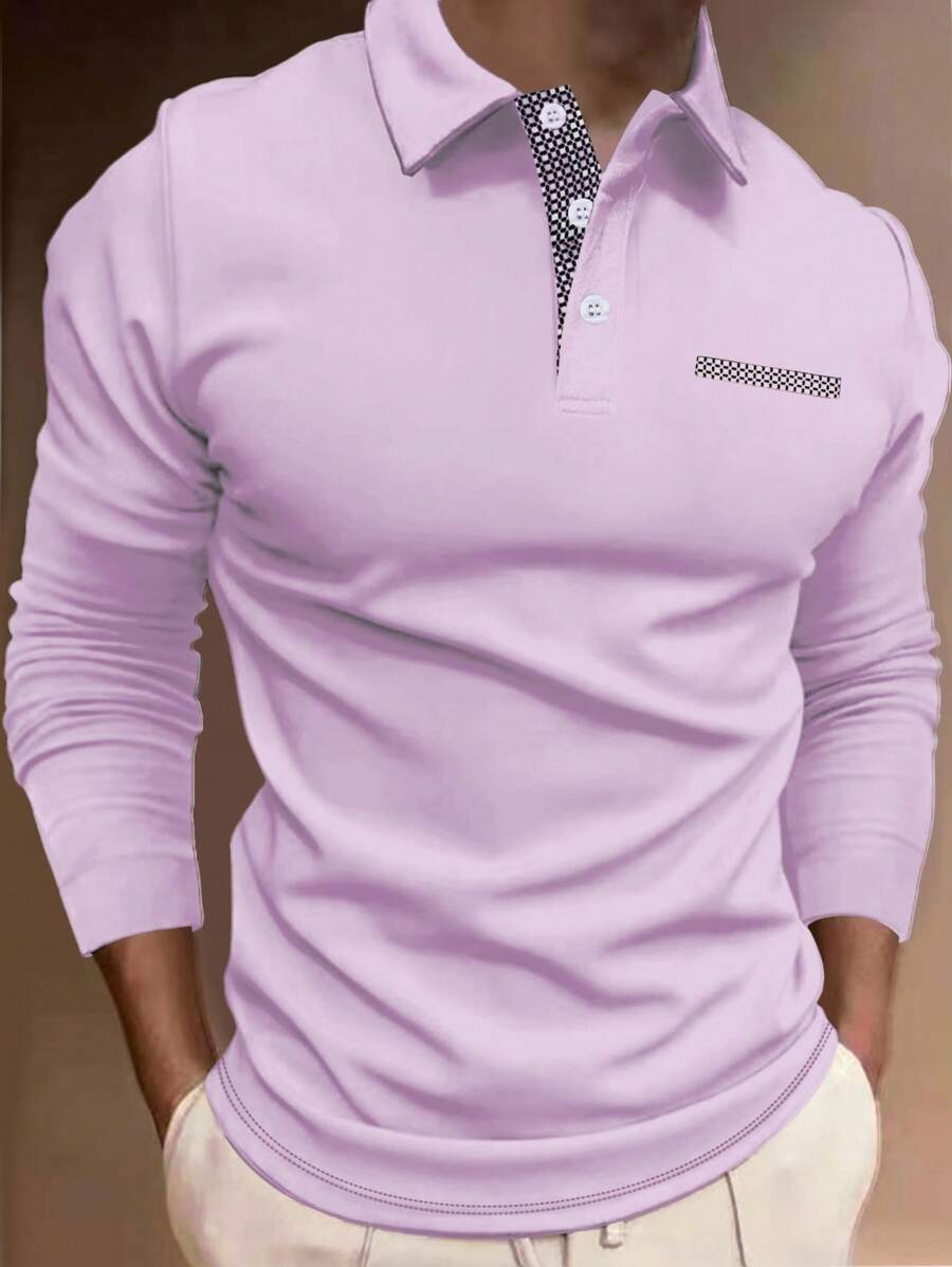 Manfinity Homme 男士休闲几何印花拼布 Polo 衫，秋季 - 淡紫色 - 查看 1