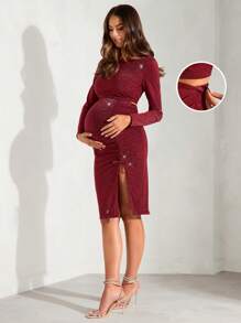 MaterniChic Maternity Sparkling Cropped Top And Drawstring Side Skirt Casual 2 Pieces Set - Burgundy - View 1