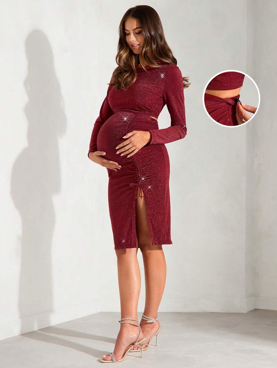 MaterniChic Maternity Sparkling Cropped Top And Drawstring Side Skirt Casual 2 Pieces Set - Burgundy - View 1