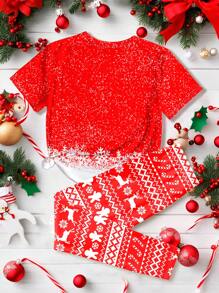 SHEIN Vrolijk Kerstfeest! Loungewear met Kerstthema, Rendier, Sneeuwvlokken, Peperkoekenmannetje, Tween Girls Simple Cartoon Print T-shirt met korte mouwen en broek 2-delige pyjamaset, nauwsluitende pasvorm, voor een kerstfeestje met het gezin