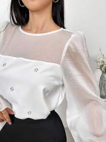 Modelyn Women Elegant Diamond Decor Ruffle Sleeve Blouse - White - View 7