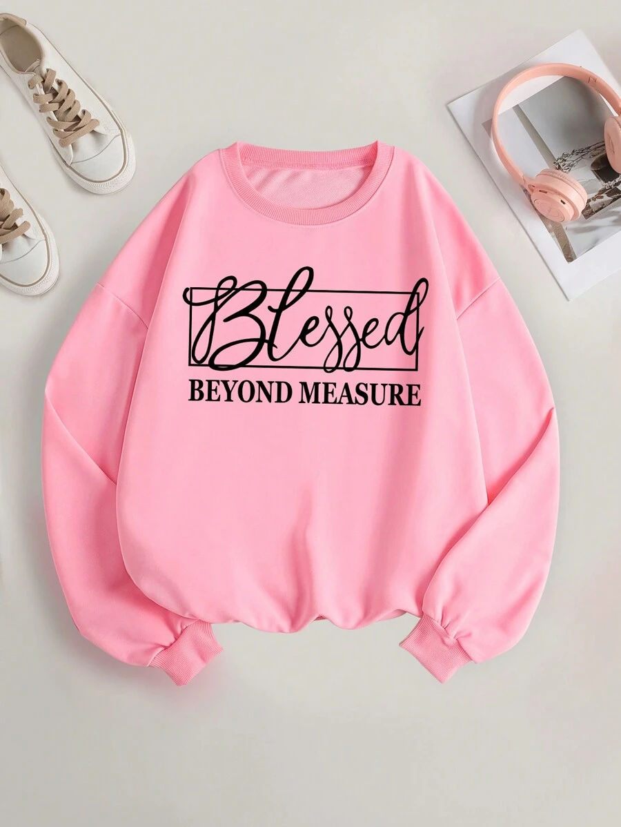 Slogan Graphic Drop Shoulder Sweatshirt - Pink - View 1