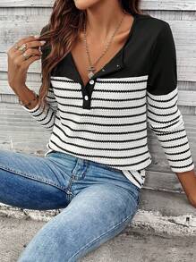 SHEIN LUNE Women's Black And White Striped Patchwork Long Sleeve Textured T-Shirt, Spring/Fall - Black and White - View 4
