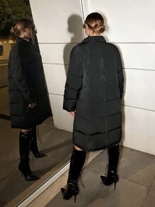 SHEIN ICON 女士休闲保暖纽扣式长袖立领长款夹棉外套（秋季） - 黑色 - 查看 2