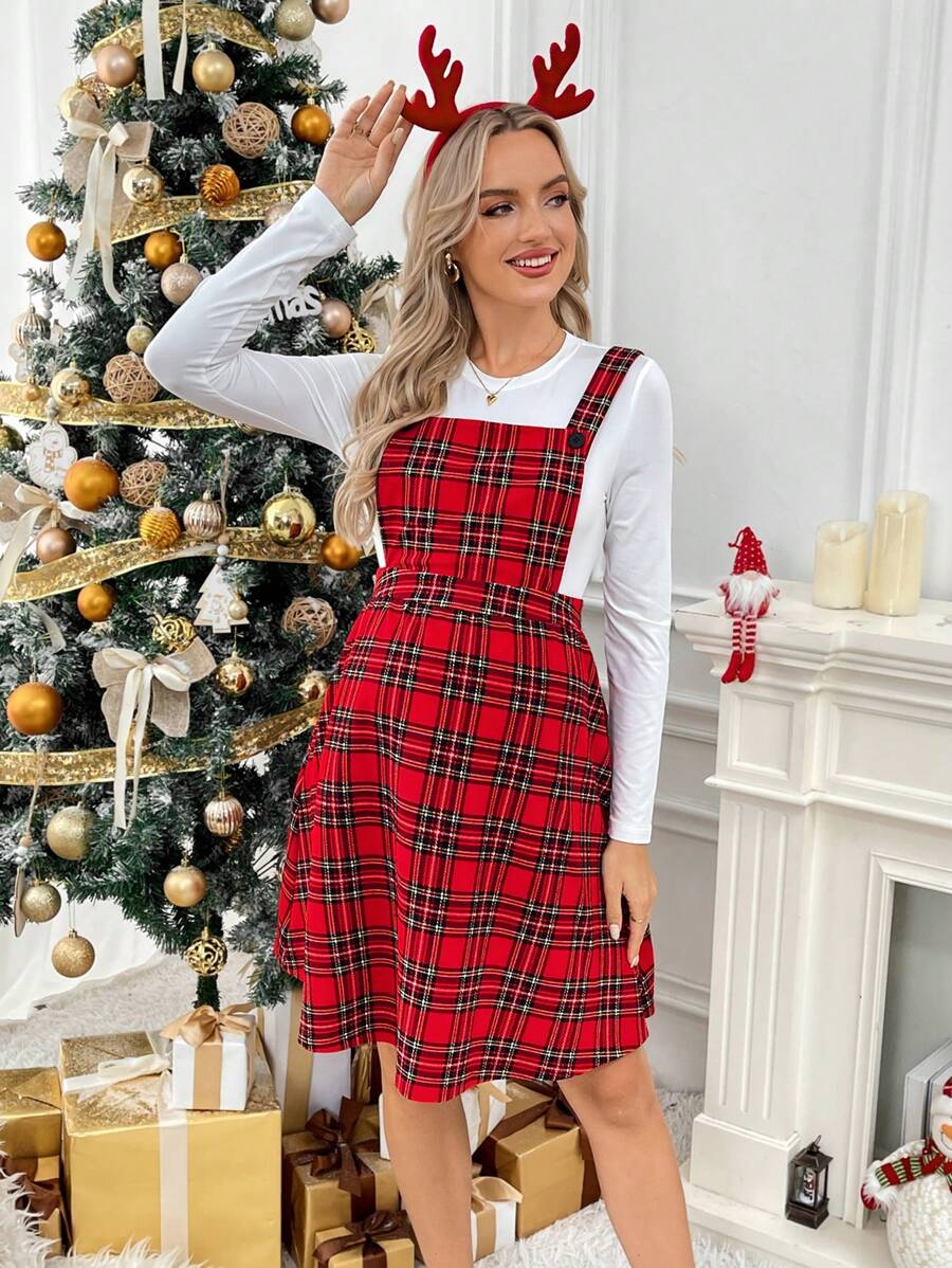 SHEIN Christmas Maternity Red Plaid Pattern Loose Fit Pinafore Dress, For Pregnant Women - Red - View 1