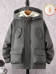 SHEIN Vacaura Tween 男童纯色长袖拉链连帽羊毛休闲夹克，带口袋，冬季