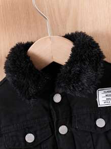 SHEIN Veste en denim doublée thermique mignonne noire à manches longues avec col châle pour bébés garçons, pour les tenues d'intérieur/extérieur des bébés garçons en automne/hiver