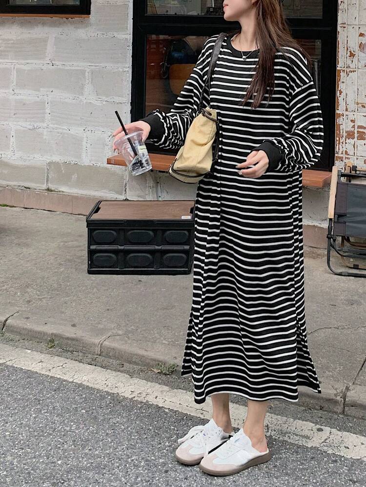 Robe mi-longue à manches longues et col rond rayée pour femmes, vêtements d'automne