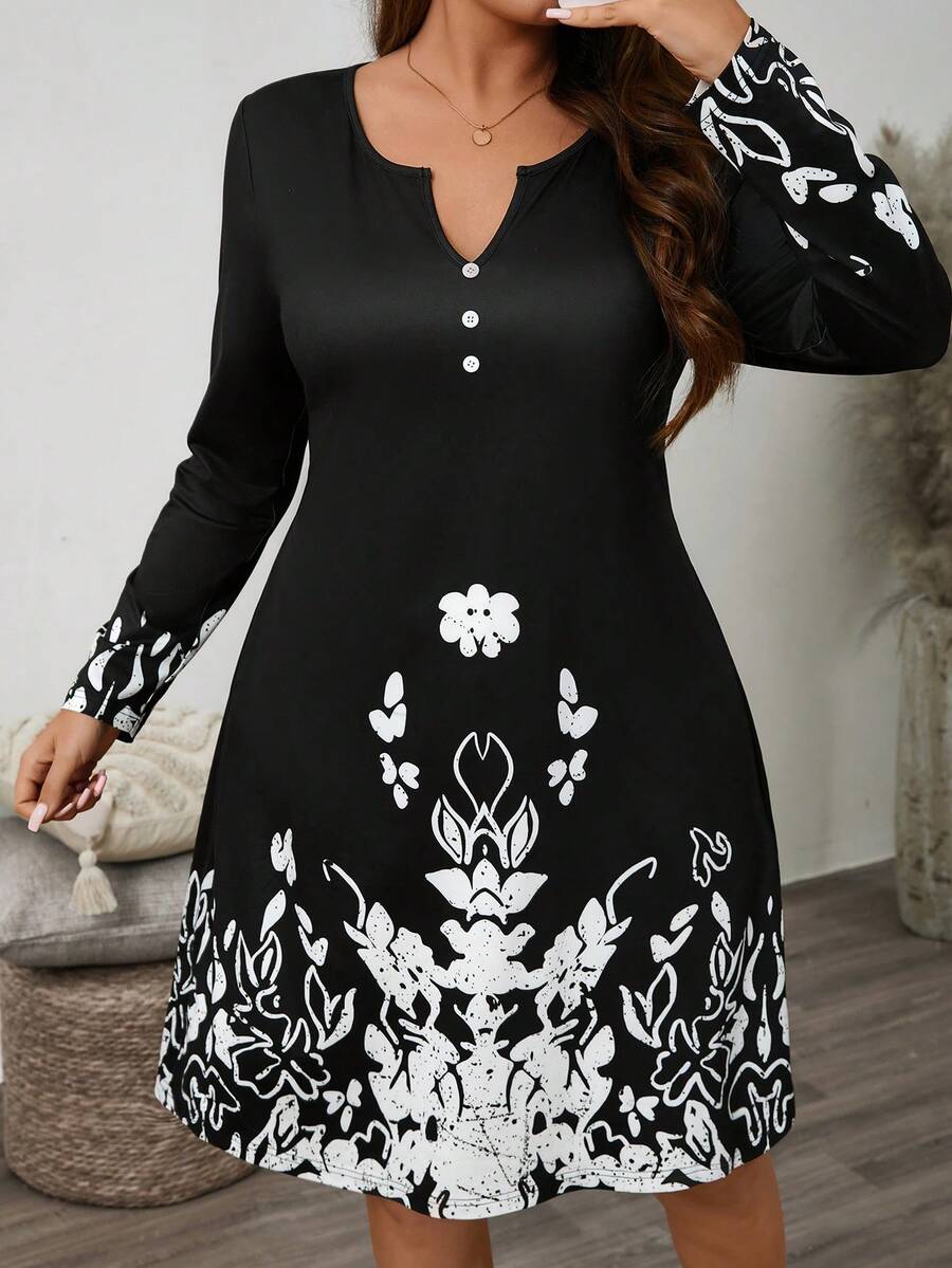 SHEIN LUNE Vestido de manga larga ajustado con cuello con muesca y estampado de plantas en blanco y negro, tallas grandes, para mujeres - Blanco y Negro - Ver 1
