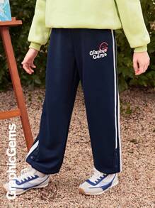 Tween Boys Striped Logo Drawstring Casual Sweatpants - Navy Blue - View 1