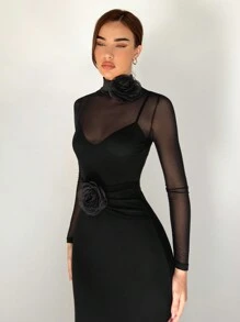 SHEIN Privé 优雅浪漫大码黑色网眼花卉刺绣修身女式连衣裙 - 黑色 - 查看 1
