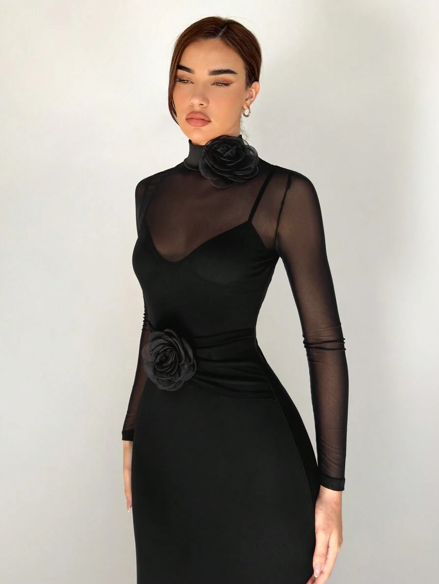 SHEIN Privé 优雅浪漫大码黑色网眼花卉刺绣修身女式连衣裙 - 黑色 - 查看 1