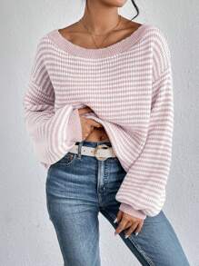 SHEIN LUNE Women Casual Contrast Color Stripe Bell Sleeve Knit Sweater, Autumn/Winter,Long Sleeve Tops,Off The Shoulder Sweater
