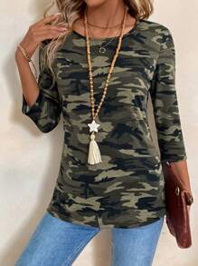EMERY ROSE Women's Casual Camouflage Print Round Neck 3/4 Sleeve T-Shirt, Autumn - Green - View 4