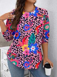 SHEIN LUNE Plus Size Women Leopard Floral Graphic Round Neck Loose Pullover Sweatshirt For Spring & Autumn - White - View 5