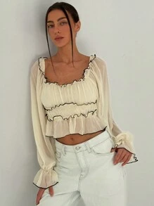 Aloruh 女士浪漫约会杏色长款泡泡袖撞色饰边分层开衩下摆衬衫