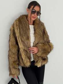 Aloruh Brown Fluffy Short Jacket Warm Coat For Young Women, Y2K Style