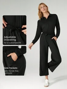 GLOWMODE Cloudknit Be Relaxed Adjustable Drawstring Waist Wide-Leg Lapel Long Sleeve Jumpsuit Bodysuit With Side Pockets Daily Casual