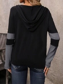 EMERY ROSE Áo thun dài tay có mũ, dây rút, phối màu, kiểu dáng thường ngày dành cho nữ, thích hợp mặc mùa thu, xuân hè. - Xám - Xem 2