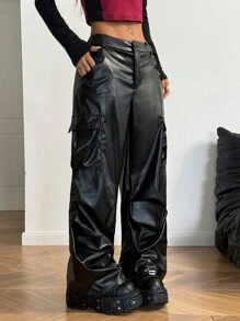 Coolane 女款 Rapper 基本款运动休闲皮革黑色工装裤